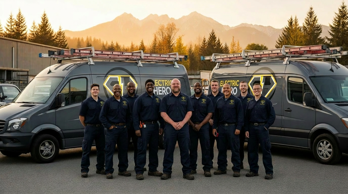 The Electric Hero team standing in front of two branded service vans in Metro Vancouver