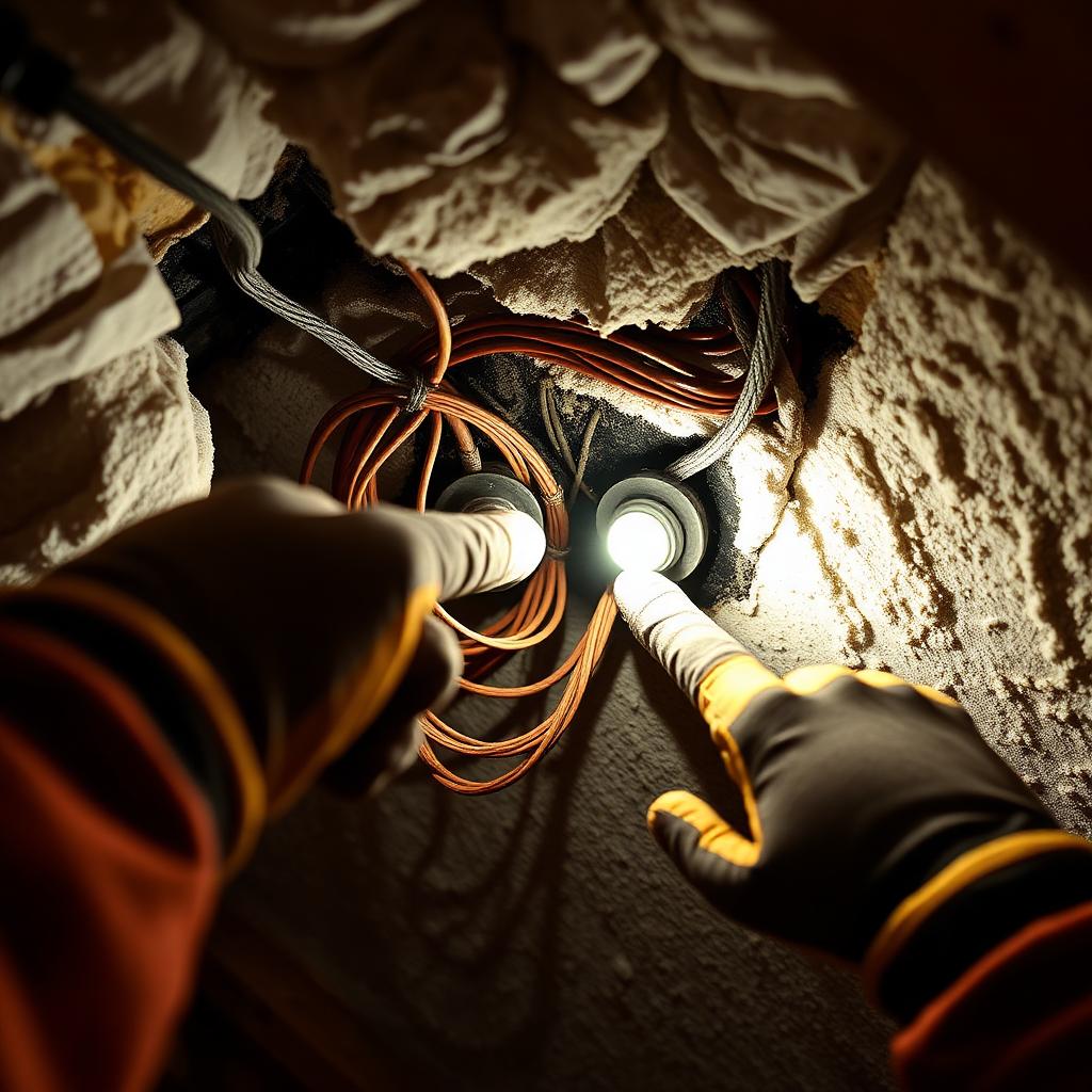 Electric Hero electrician inspecting knob and tube wiring in a Vancouver attic