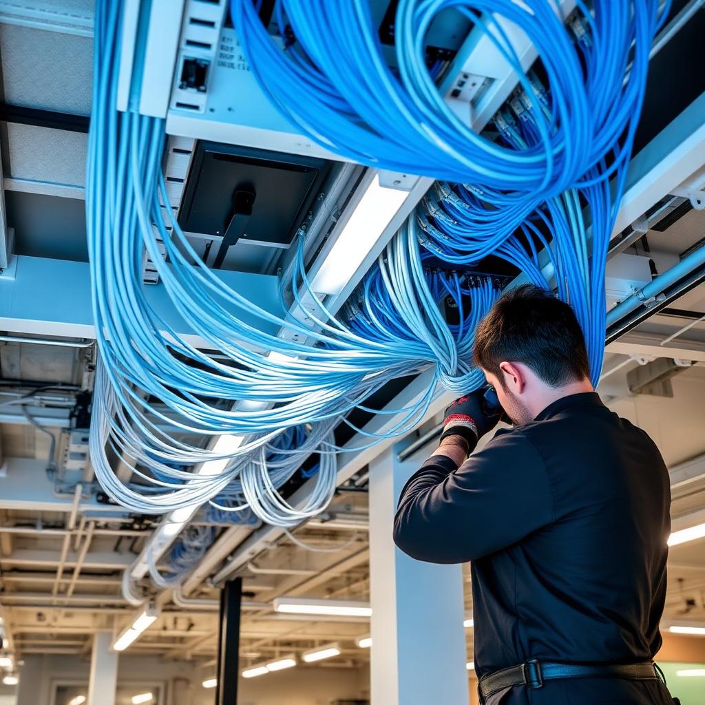 Technician terminating Cat6 data drops in a commercial space